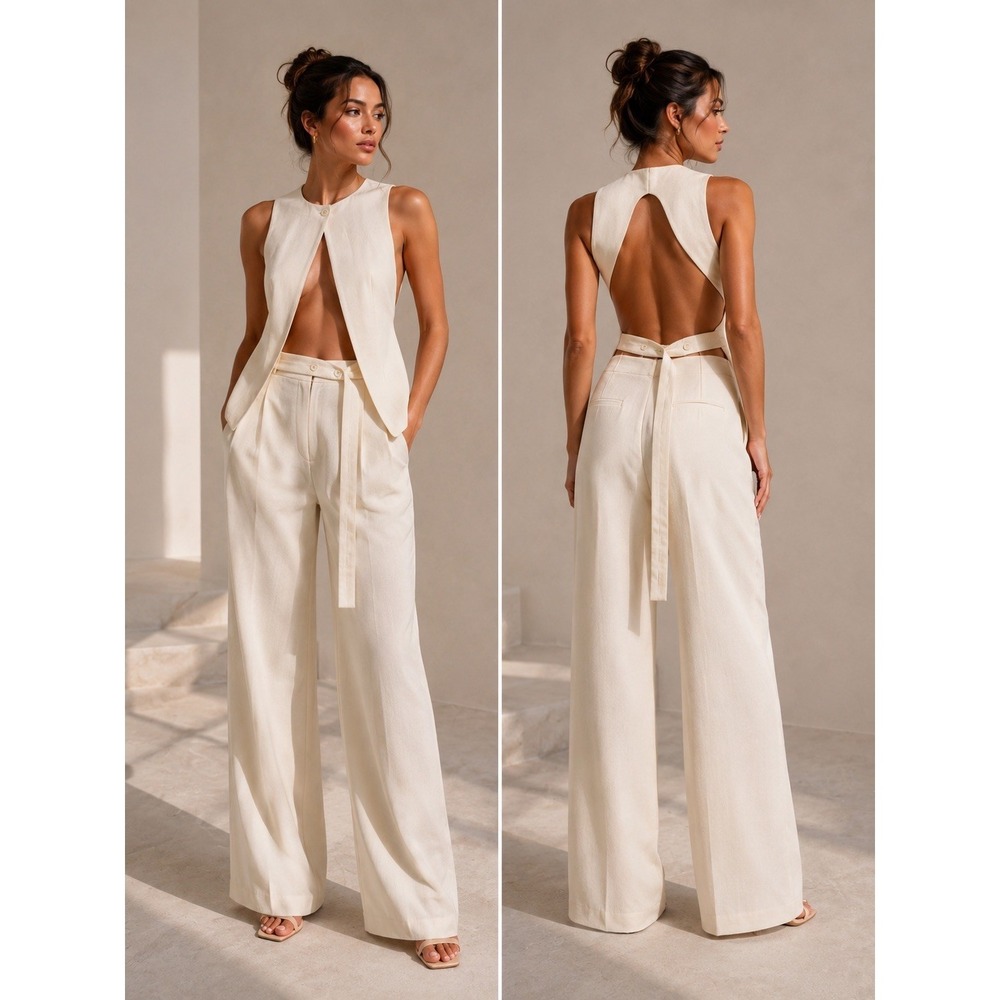 Maximilian Women's Open Back Vest 100% Wool‎ Size 6 Cream New w/ Tags Defects
